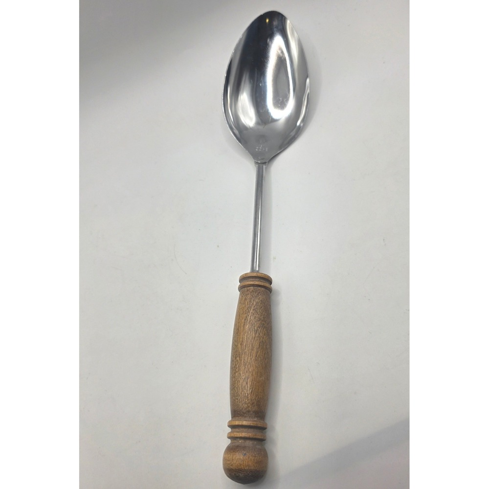 Vintage EKCO USA Serving Spoon Stainless Steel Wood Handle 12 Inch MCM Kitchen